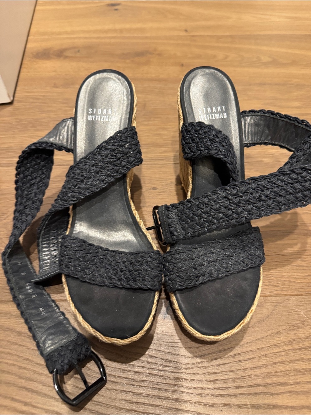 Stuart Weitzman Black Braided Espadrille Sandal Slides with Ankle Tie
